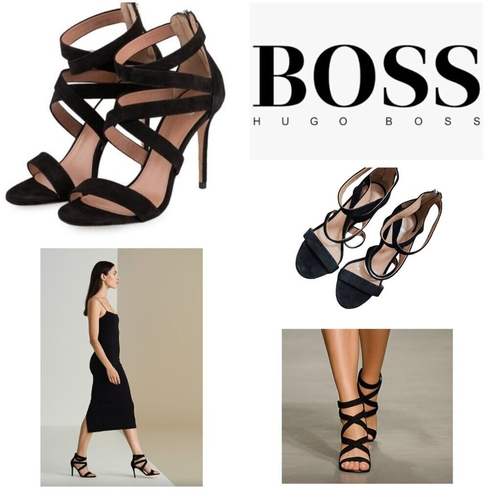 BOSS Hugo Boos GRACE Black Suede Strappy Stiletto Sandals Heels Sze EU38/7.5